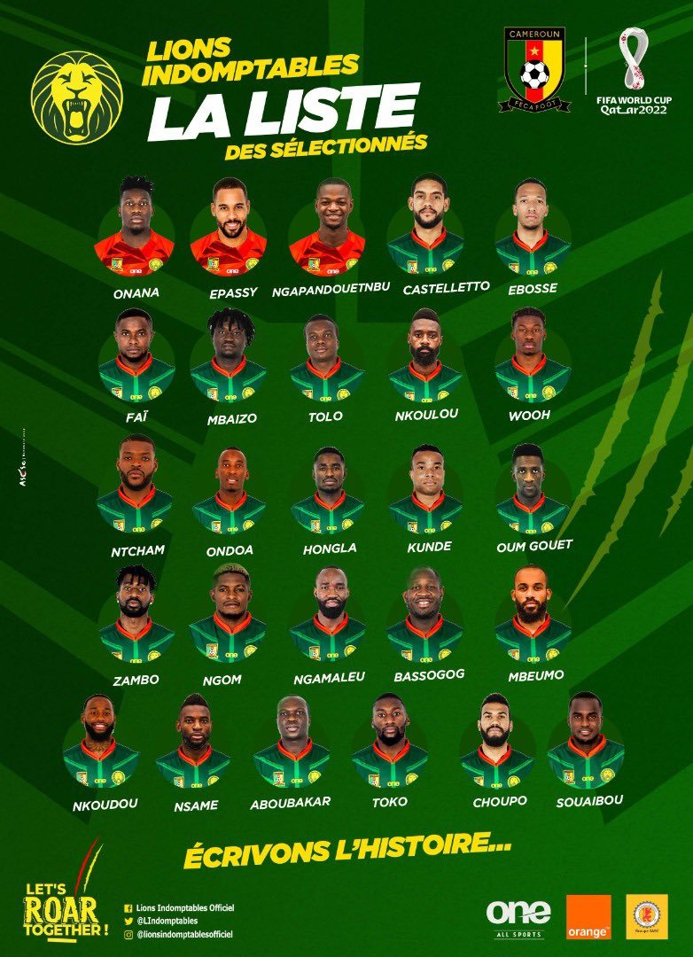 喀麦隆队世界杯26人名单